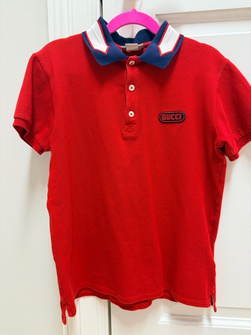 Kid’s Gucci Red Polo with Navy Contrast Collar.size 10
